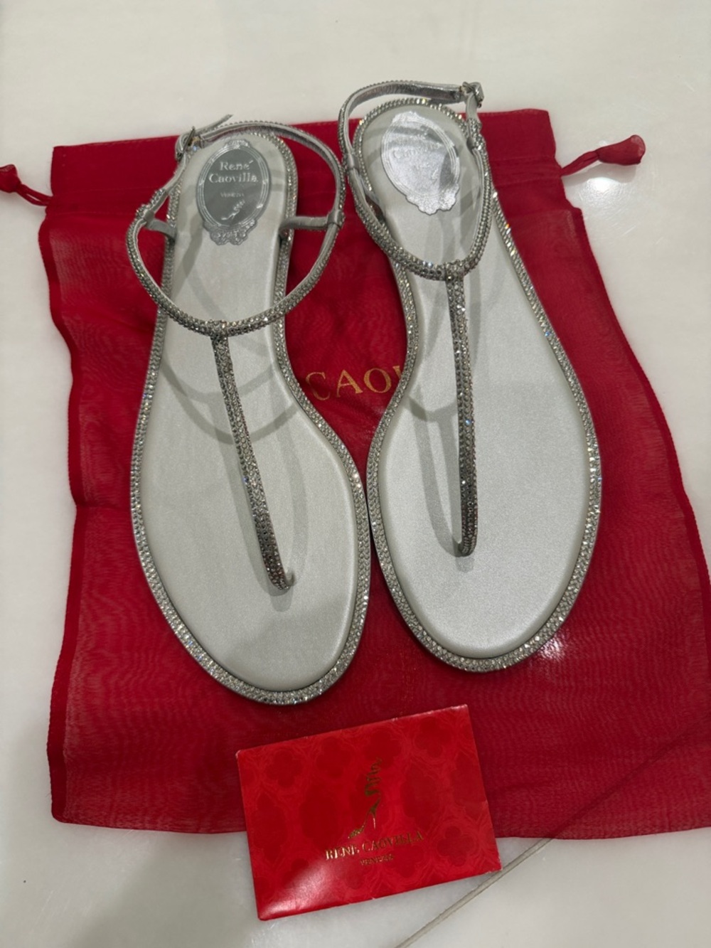 New Rene Caovilla Grey/silver Satin Sandals with Silver Strass size 12